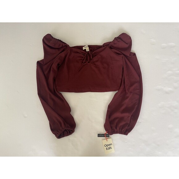 Open Edit Ruched Long Sleeve Keyhole Crop Top Burgundy Tannin S‎ - Picture 10 of 10